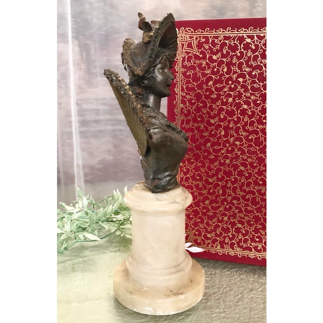 Metal Antique Spelter Bust on Alabaster Art Nouveau Victorian Woman For Sale - Image 7 of 11