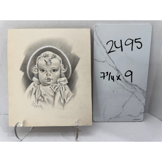 1940s Original Signed Graphite Illustration of Curly-Haired Child in Bonnet, 9 × 7.75 In. For Sale In Atlanta - Image 6 of 6