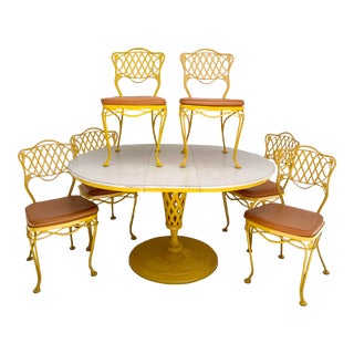 Vintage Mid-Century Woodard Yellow Dining Table Set of 7 For Sale