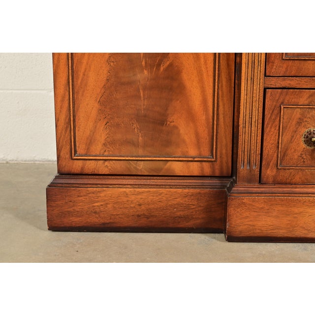 Baker Furniture Style Regency Flame Mahogany Lighted Breakfront Bookcase Cabinet With Drop Front Secretary Desk, Circa 1940s For Sale - Image 12 of 16