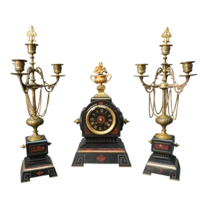 19th Century Lemerle-Charpentier Bronze Ormolu and Red Marble Clock Garniture Set