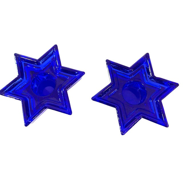 VTG Cobalt Blue 6‑Point Star Glass Candle Holders Pressed Glass Pair 1970s-1990s For Sale - Image 4 of 6