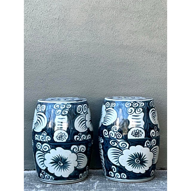 Vintage Glazed Ceramic Floral Garden Stools - A Pair For Sale - Image 11 of 12