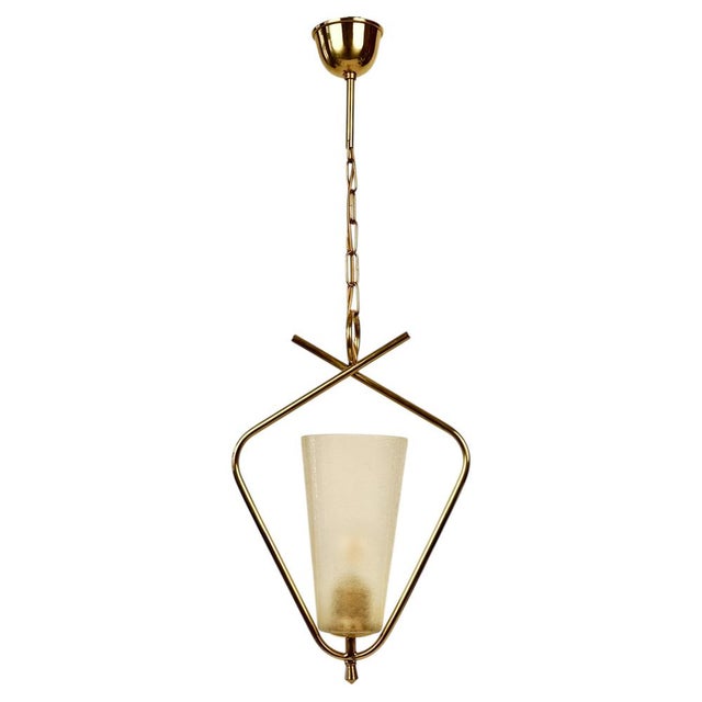 Mid-Century Brass Pendant Lamp with Textured Glass Shade by R. Nikoll, Austria, 1958 For Sale - Image 14 of 14