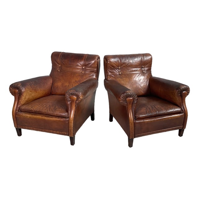 Art Nouveau Armchairs with Armrest in Brown Leather, England, 1920s, Set of 2 For Sale