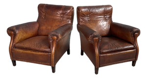 Art Nouveau Armchairs with Armrest in Brown Leather, England, 1920s, Set of 2