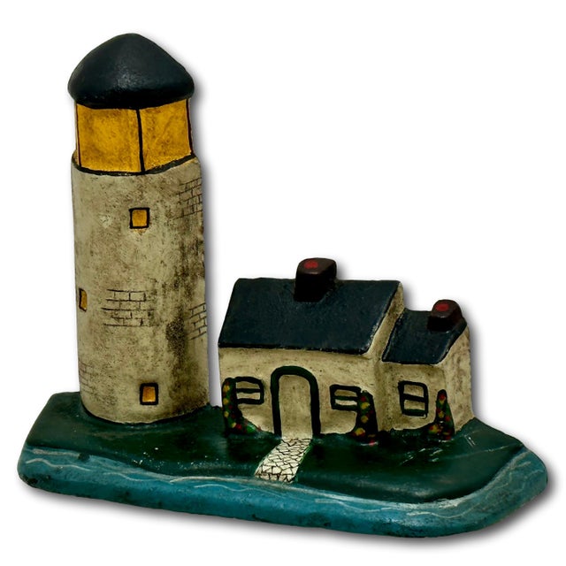 Metal Excellent Antique American Cast Iron New England Cape Cod Lighthouse & Salt Box Cottage Doorstop Circa 1920s For Sale - Image 7 of 18