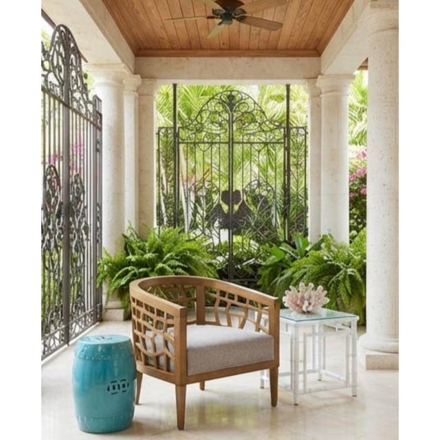 Mid-Century Modern Organic Lattice Teak Barrel Chair With Linen Cushion For Sale - Image 9 of 12