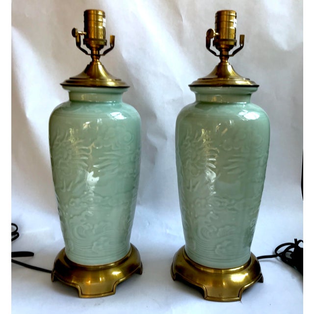 Metal Vintage Wildwood Chinoiserie Celadon and Brass Lamps - a Pair For Sale - Image 7 of 7