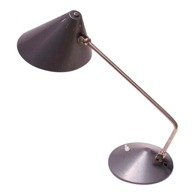 Dutch Chrome and Painted Gray Metal Task Lamp with Oversized Shade by Hala For Sale