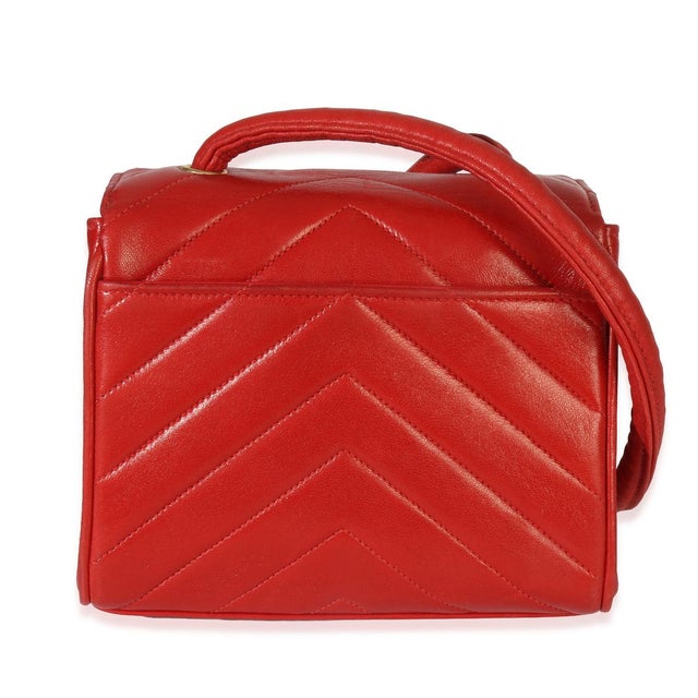 Chanel Vintage 24K Red Chevron Lambskin CC Square Flap Bag For Sale - Image 4 of 9