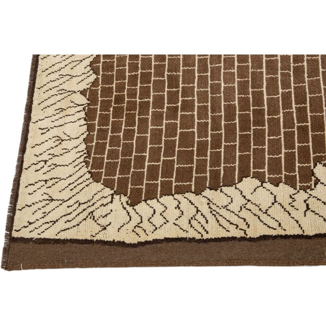 Transitional Art Deco Style Handmade Brown Pattern Wool Rug For Sale - Image 4 of 8