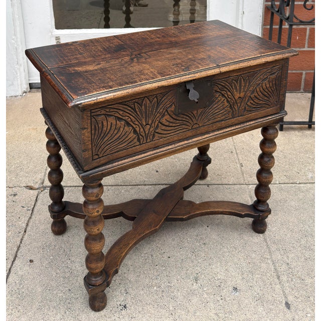 Antique 18th C Carved Walnut Bible Box Side Table.