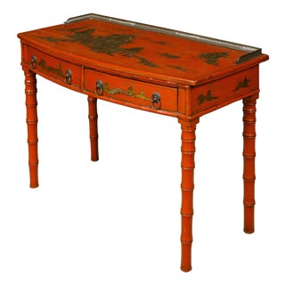 English Red Lacquer Faux Bamboo 19th Century Desk with Gilded Chinoiserie Décor For Sale