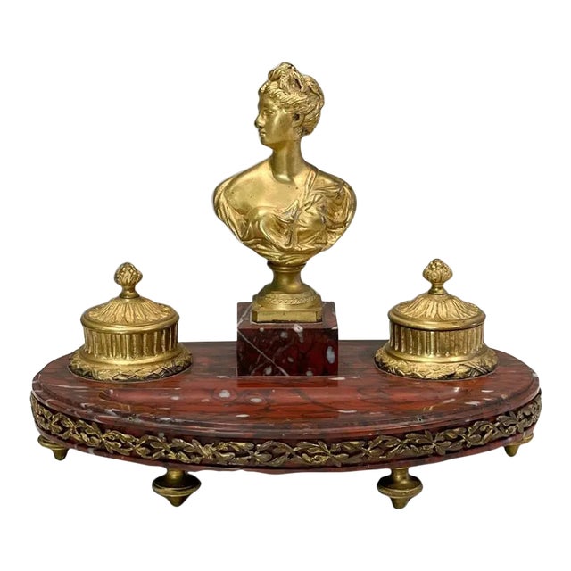 Antique French Gilt Bronze Inkwell on Rouge Marble Stand For Sale