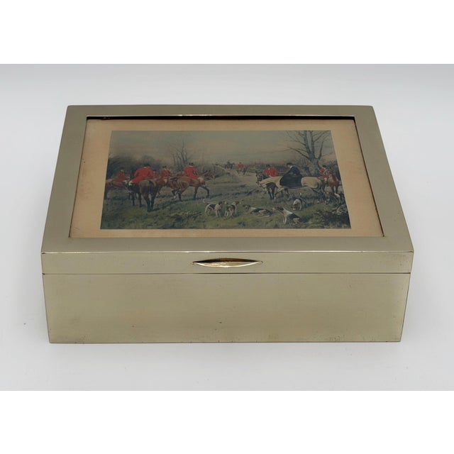 Vintage English Hunt Scene Silver Plate and Glass Humidor or Trinket Box For Sale - Image 4 of 12