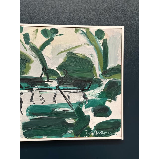 2000 - 2009 Bo Swenson, Rowboats in a Green Landscape, 2004, Oil Painting on Canvas, Framed For Sale - Image 5 of 18