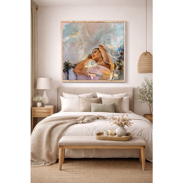 Original oil painting, impressionism style. Figure art. Light airy. Framed w natural wood. Overall size is 37"x37"x2" A...