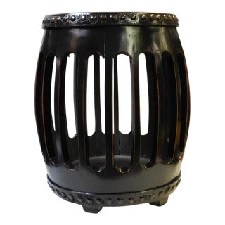 Chinese Oriental Black Round Barrel Wood Stool For Sale