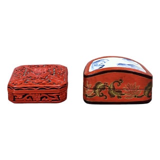 Antique Chinese Red Lacquered Covered Trinket Boxes—A Pair For Sale