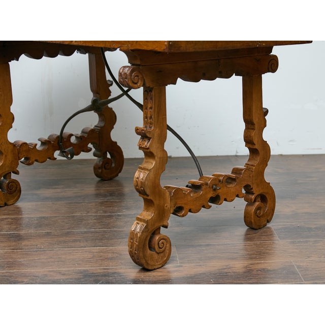 Spanish 18th Century Walnut Fratino Table with Carved Legs and Iron Stretcher For Sale - Image 10 of 12