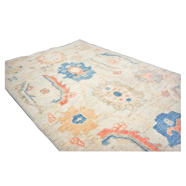 21st Century Turkish Sultanabad Wool 3x6 Tan & Light Blue Handmade Runner Rug #1144162 For Sale - Image 10 of 12