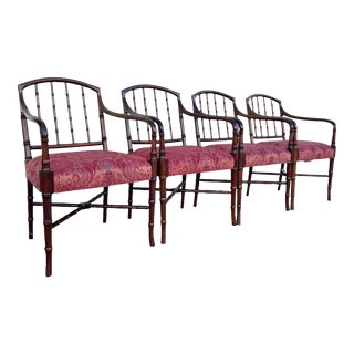 Vintage Faux Bamboo Mahogany Arm Chairs by Hickory Chair with Spindles & Cross Stretcher - Set of 4 For Sale