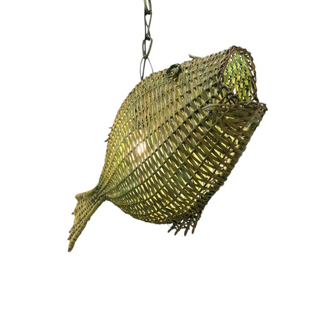 Wood Mid-Century Modern Fish Wicker Rattan Pendant Lamp, 1960s For Sale - Image 7 of 18