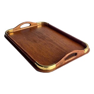 Vintage Mid 20th Century Brass Corner Teak Tray For Sale