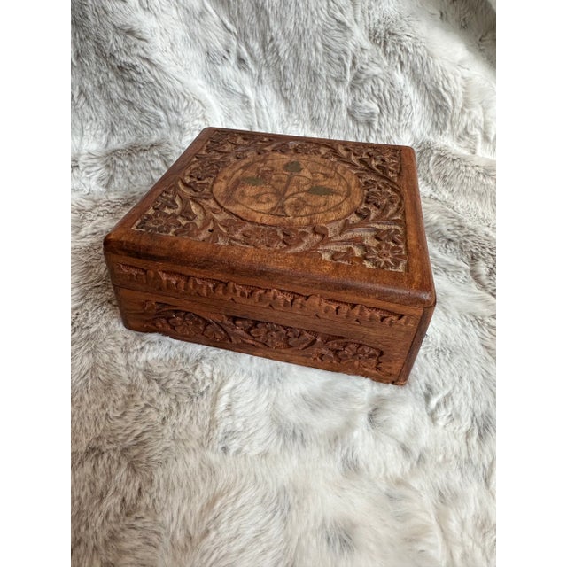 Hand Carved Wood Box With Brass Inlay For Sale - Image 11 of 12