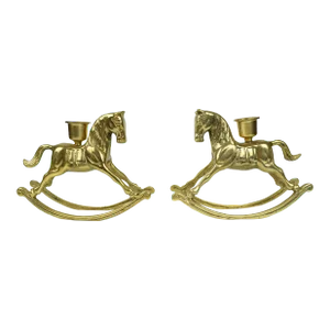 Mid 20th Century Solid Gold Brass Rocking Horse Candle Holders - a Pair
