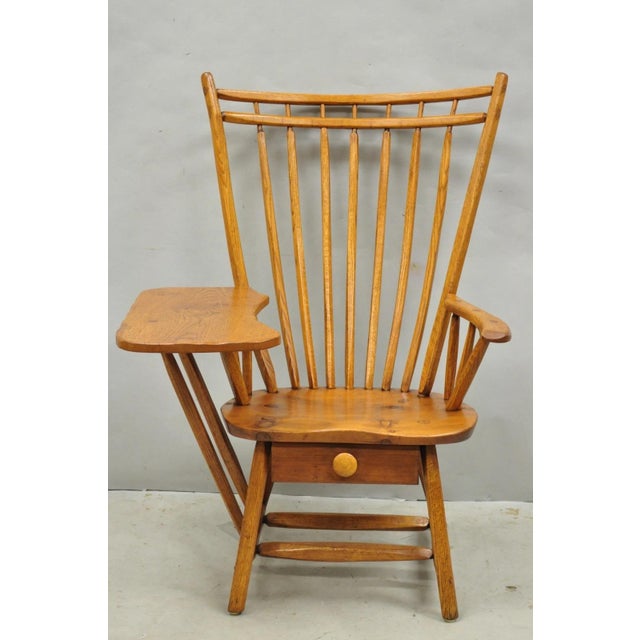 Vintage Hunt Country Furniture Pine Wood Writing Desk Windsor Chair w/ Drawer. Circa Mid 20th Century. Measurements: 44.5"...