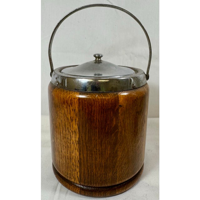 English Vintage Ceramic Lined Oak Wood Biscuit Jar/Ice Bucket With Chrome Handle & Top From England- Circa 1920 For Sale - Image 3 of 12