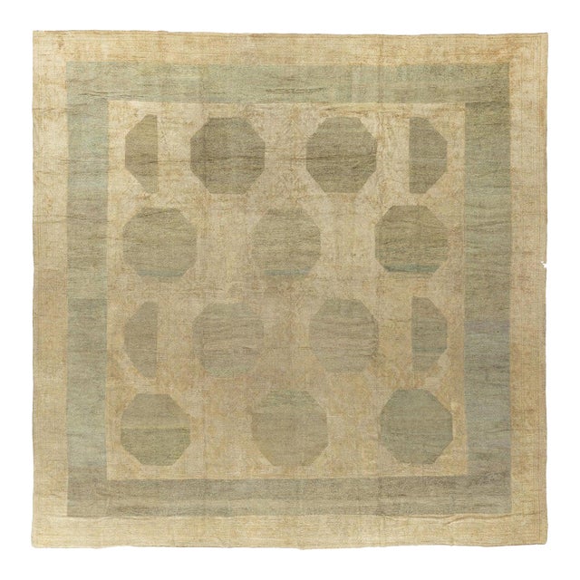 Zabihi Collection Abstract Large Square Antique Turkish Oushak Rug For Sale