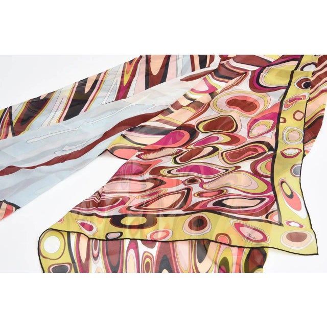 Chartreuse Vintage Emilio Pucci Oblong Silk Scarf Magenta, Pink, Chartreuse, Brown, Black, Coral, 1970's For Sale - Image 8 of 9