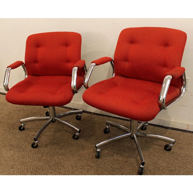 MidCentury Danish Modern Red Chrome Steelcase Office Chairs on Wheels