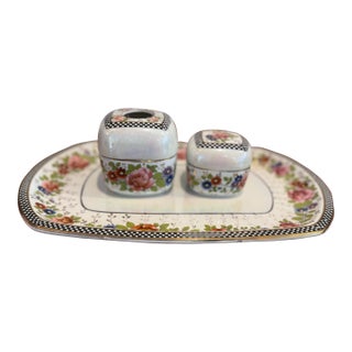 Vintage Parrot & Co Porcelain 3 Pc Dresser Set For Sale