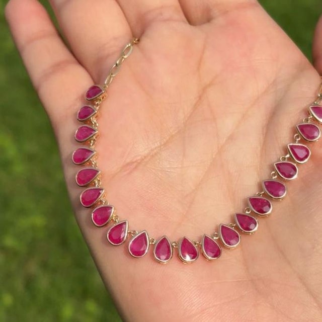 8.88Carat Graduated Pear Cut Ruby Bezel Necklace in 14k Yellow Gold- 17 Inch Length For Sale - Image 13 of 18