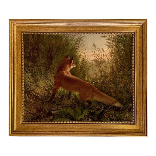 Rustic European "Fox Flushing Ducks" Contemporary Reproduction Print on Canvas, Framed 17.5x13.5 For Sale - Image 3 of 3