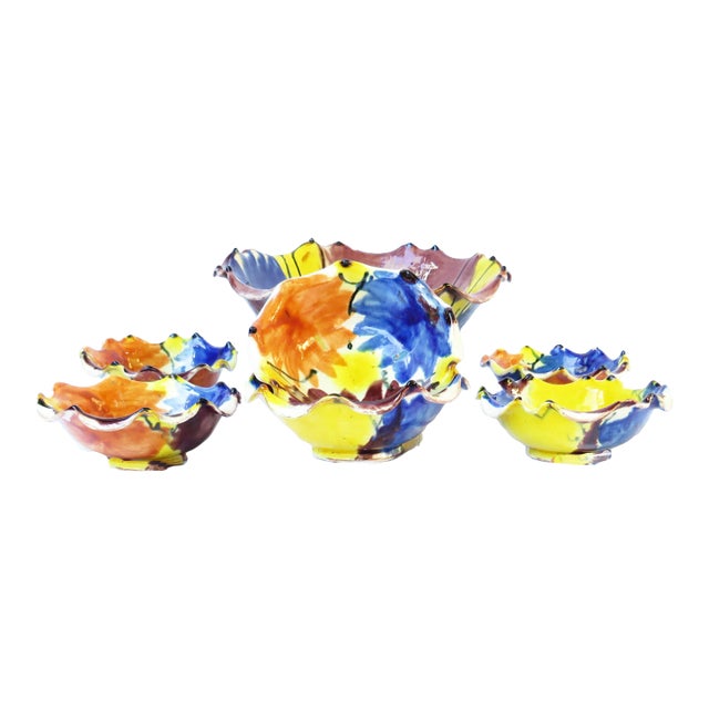 Colorful Contemporary Mexican Pottery Serving Bowl Set, 1 Large + 6 Individual For Sale