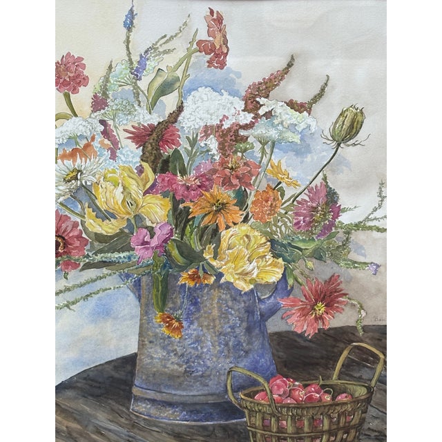 Paint 1980s Large Watercolor of Wildflowers and Zinnias in a Watering Can by Dan Suddath For Sale - Image 7 of 8