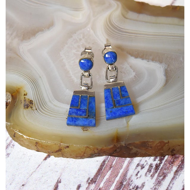 Vintage Escorcia Sterling Silver Lapis Inlaid Dangle Post Earrings Made in Taxco Mexcico is the 1980's by Artist Oscar...