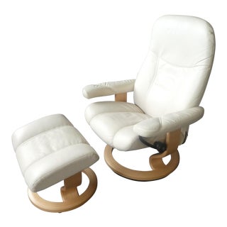 Norwegian Ekornes Stressless White Leather Chair and Ottoman For Sale