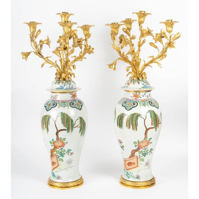 Chinese Style Porcelain and Gilt Bronze Candelabras, 19th Century, Set of 2 For Sale - Image 3 of 9