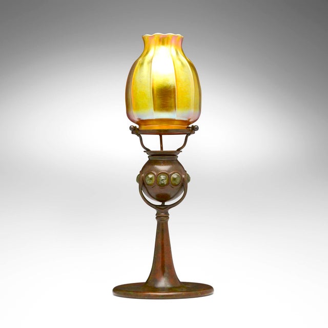 Antique Tiffany Studios Jeweled Favrile Glass Candle Lamp, Patinated Bronze Base For Sale - Image 12 of 12