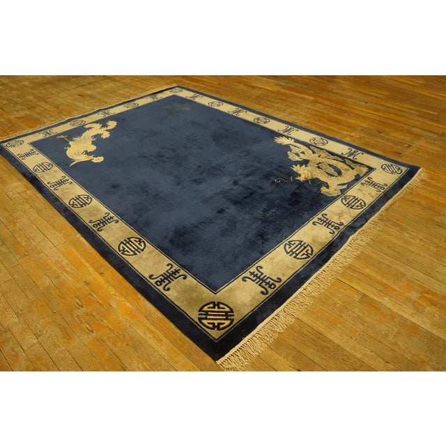 Vintage 1980s Chinese Silk Dragon & Phoenix Carpet ( 6' x 8' - 183 x 245 ) Vintage Silk Hallway Runner Wool Navy Rug,...