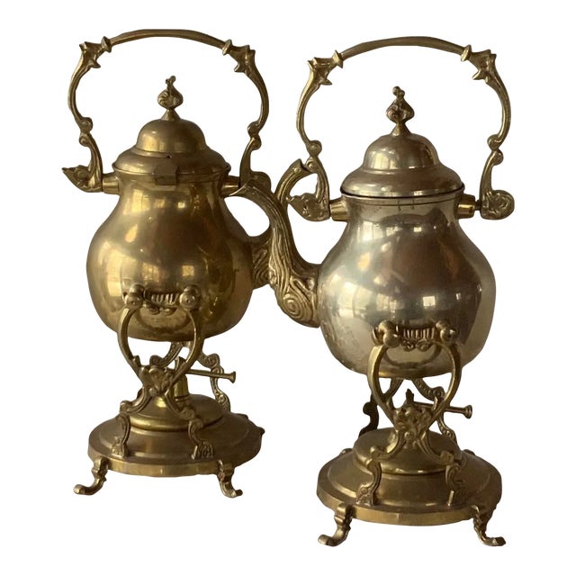 Pair of Mid-Century Turkish Brass Coffee Pots With Warming Stands - Handmade c.1950s, Diplomatic Provenance For Sale