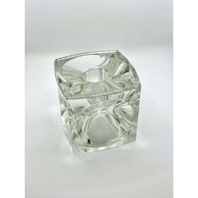 Rudolf Jurnikl for Rosice Sklo Union Mid-Century Modern Clear Cube Glass Candle Holders - A Pair (Circa 1960s) For Sale - Image 4 of 5