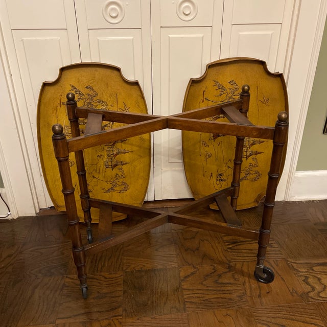 Mustard Chinoiserie Faux Bamboo & Tole Top Rolling Cart Tray Table For Sale - Image 8 of 8