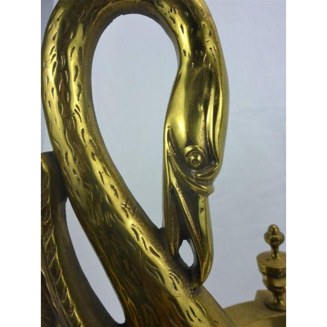 Solid Brass Andirons with graceful Swan showing both style and function. Circa 1950's. Complete set includes, original...